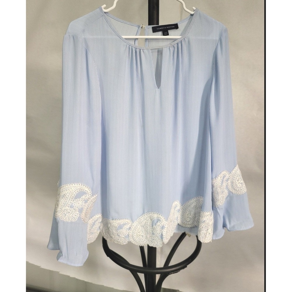 Tommy Hilfiger Blouse Bell Sleeve Lace Trim Striped Top Keyhole Size S
